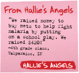 From Hallie's Angels - 'We raised money to buy nets to help fight malaria by putting on a school play. We raised $420!' 4th grade class, Valparaiso, IN